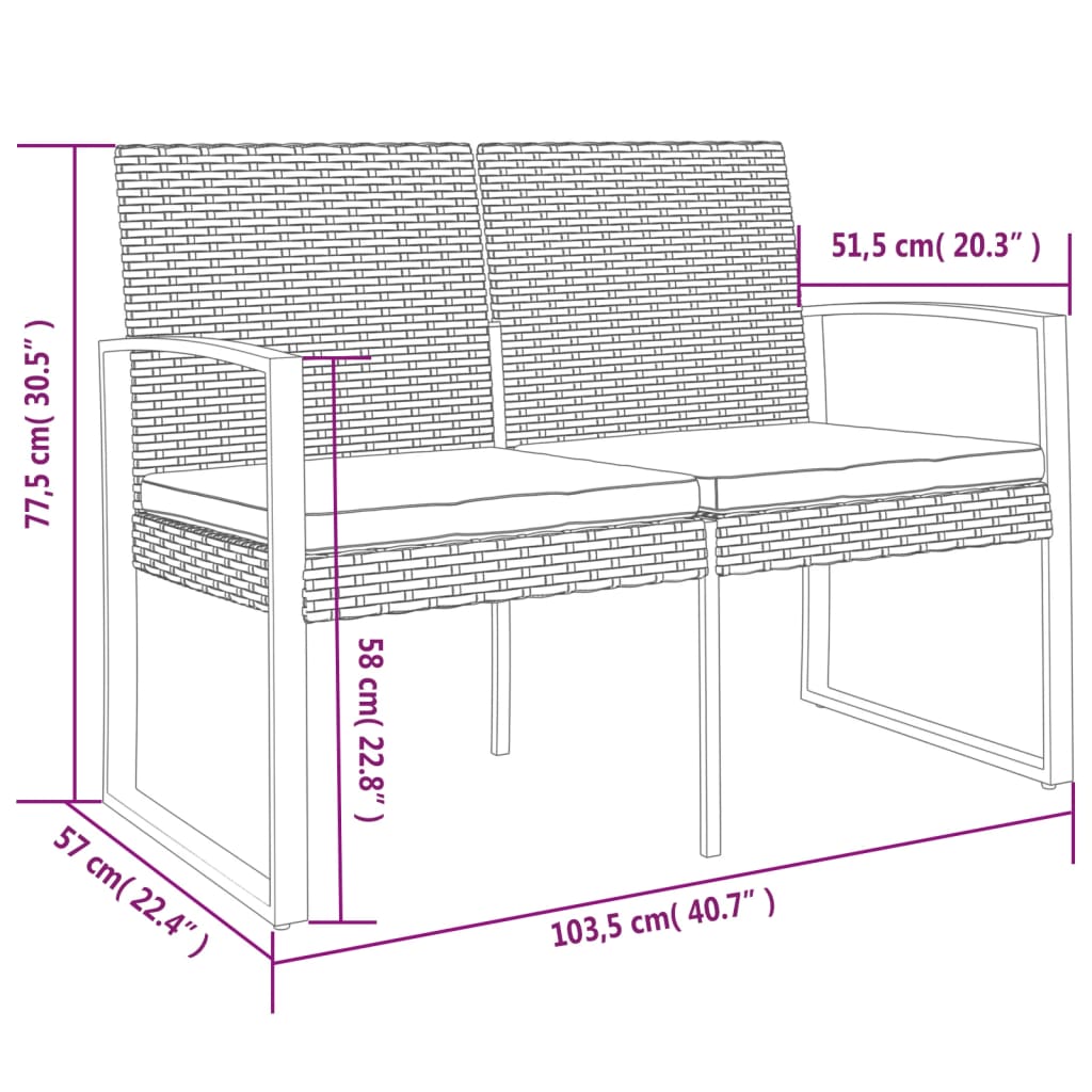 Panca da Giardino a 2 Posti con Cuscini in Rattan PP Nero | homemem39