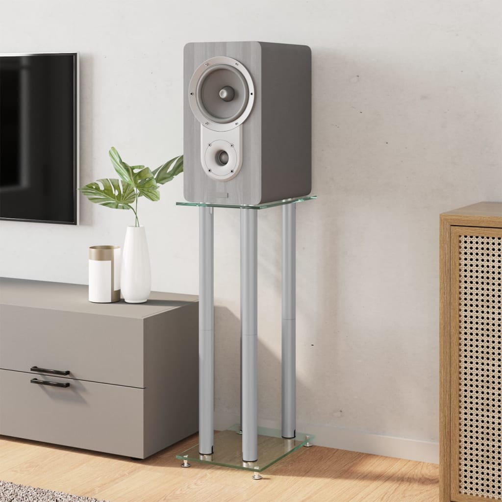 Pedane Casse 2pz Argento Vetro Temperato Design a 4 Pilastri - homemem39