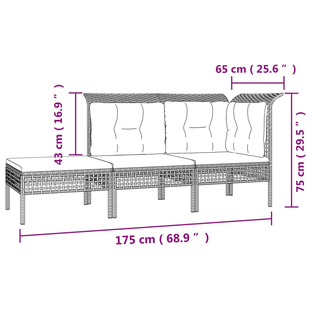 Set Divani da Giardino 3 pz con Cuscini in Polyrattan Grigio | homemem39