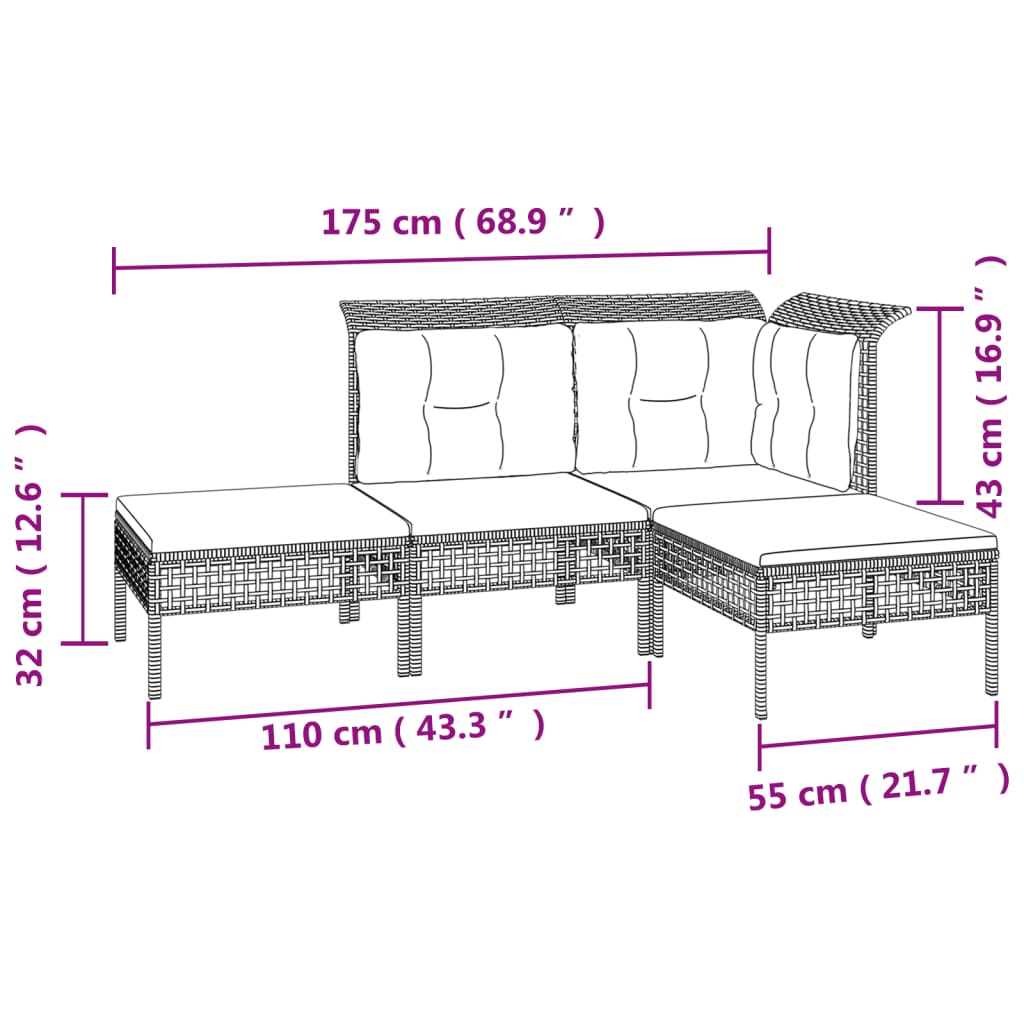 Set Divani da Giardino 4 pz con Cuscini in Polyrattan Grigio | homemem39