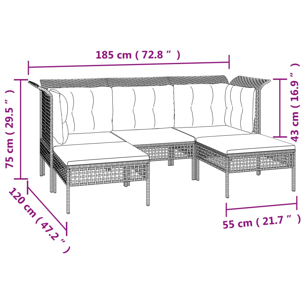 Set Divani da Giardino 5 pz con Cuscini in Polyrattan Grigio | homemem39
