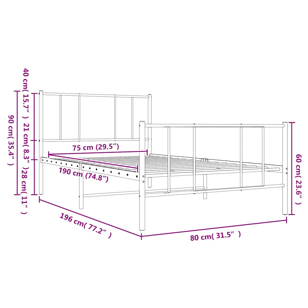 Giroletto con Testiera e Pediera Metallo Bianco 75x190 cm
