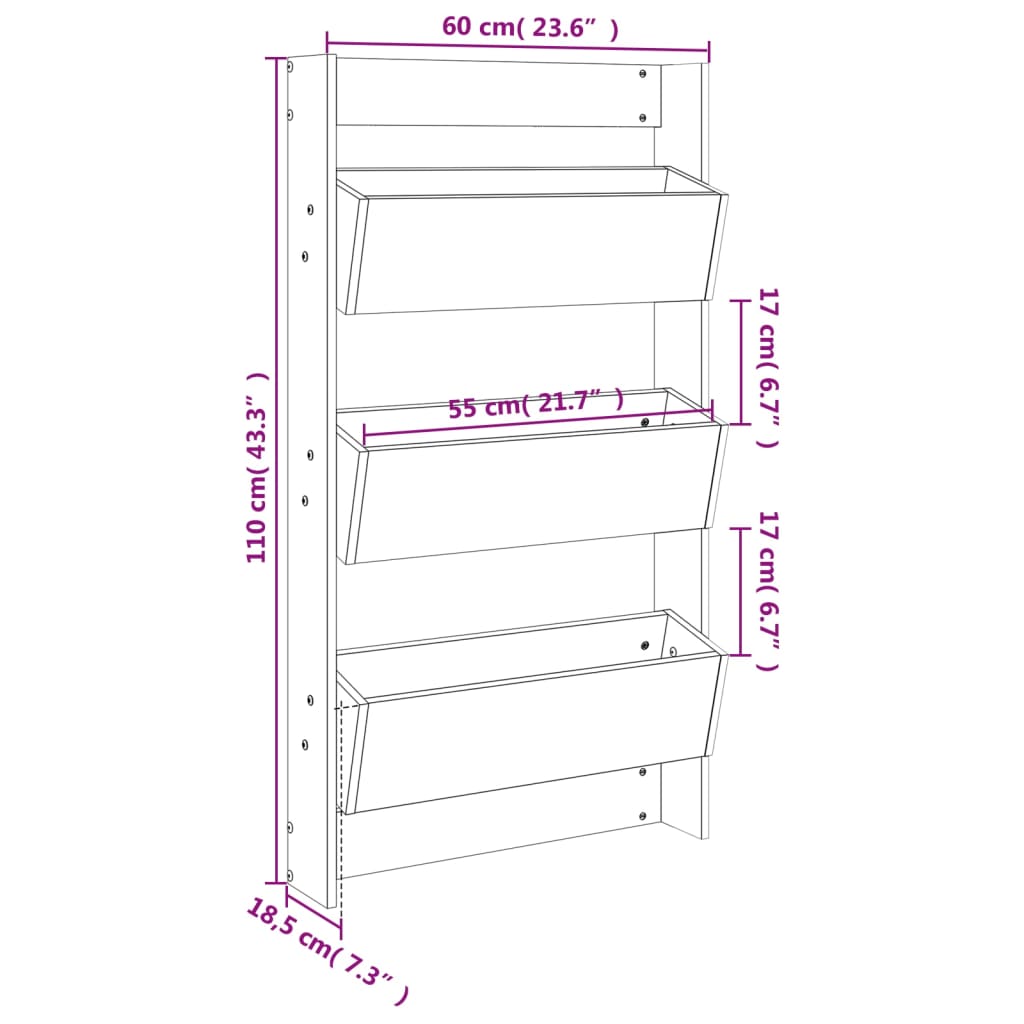 Fioriera a Muro 3 Ripiani 60x18,5x110cm Legno Massello di Pino | homemem39