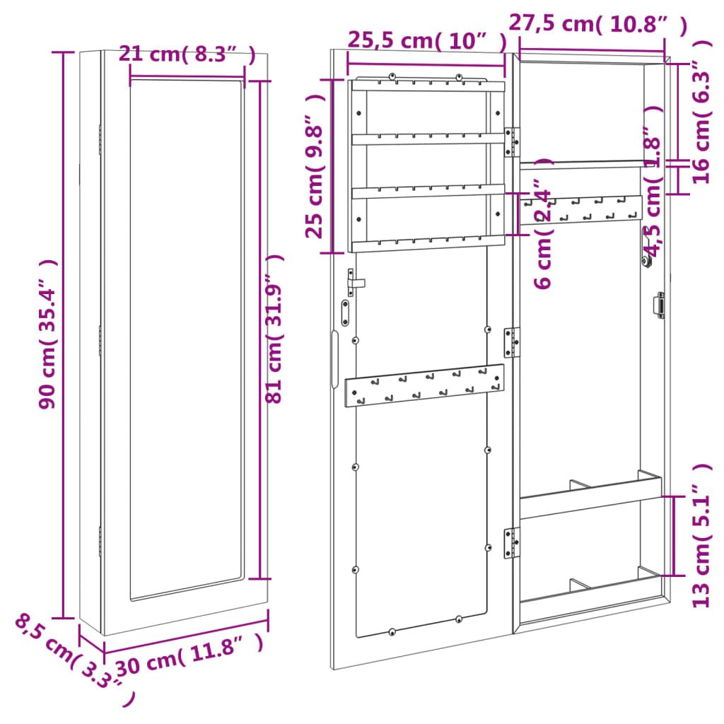 Armadio Portagioie con Specchio a Muro Bianco 30x8,5x90 cm | homemem39