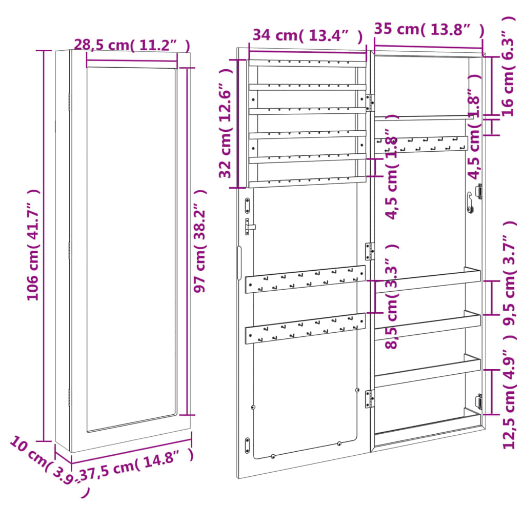 Armadio Portagioie con Specchio a Muro Bianco 37,5x10x106 cm | homemem39