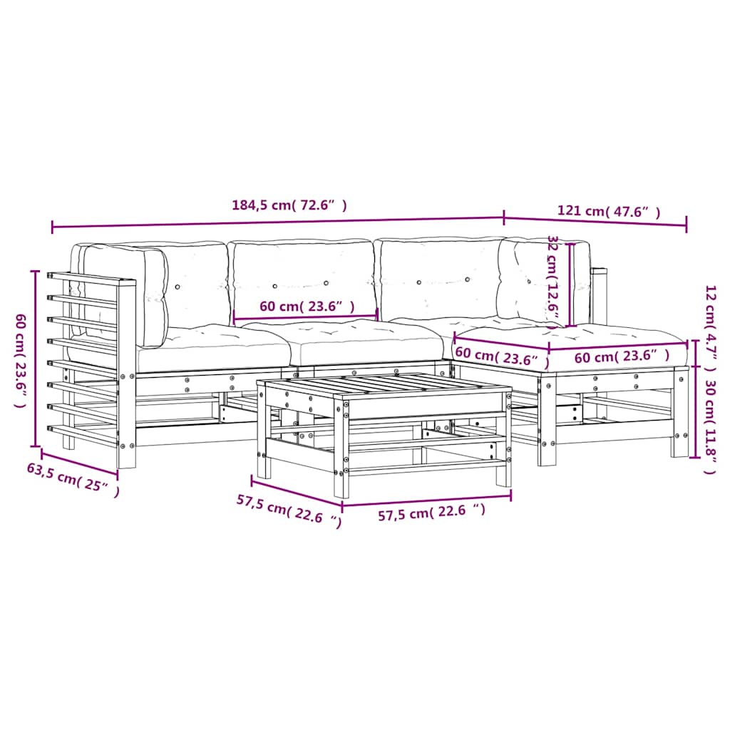Set Divani da Giardino 5pz con Cuscini in Legno Massello Grigio | homemem39