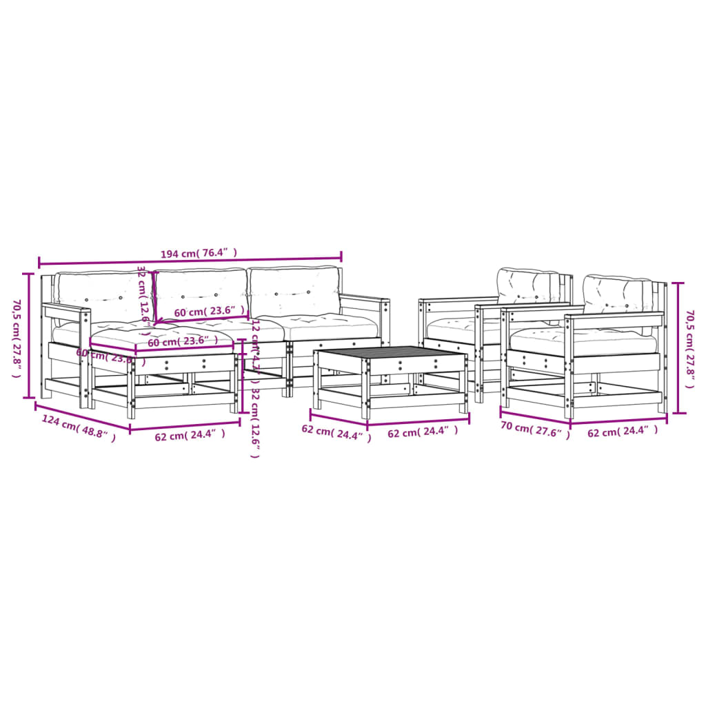 Set Divani da Giardino 7pz con Cuscini in Legno Massello Bianco | homemem39