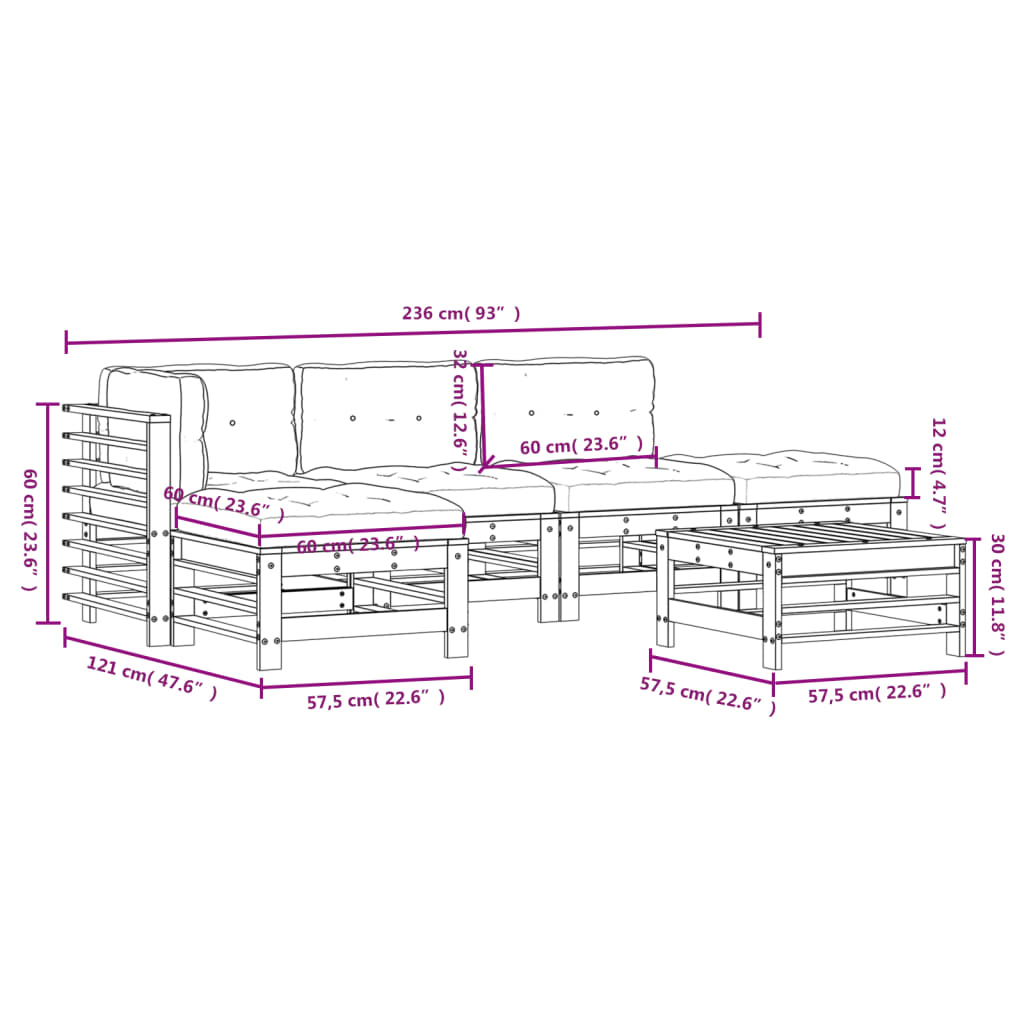 Set Divani da Giardino 6pz con Cuscini in Legno Massello Bianco | homemem39