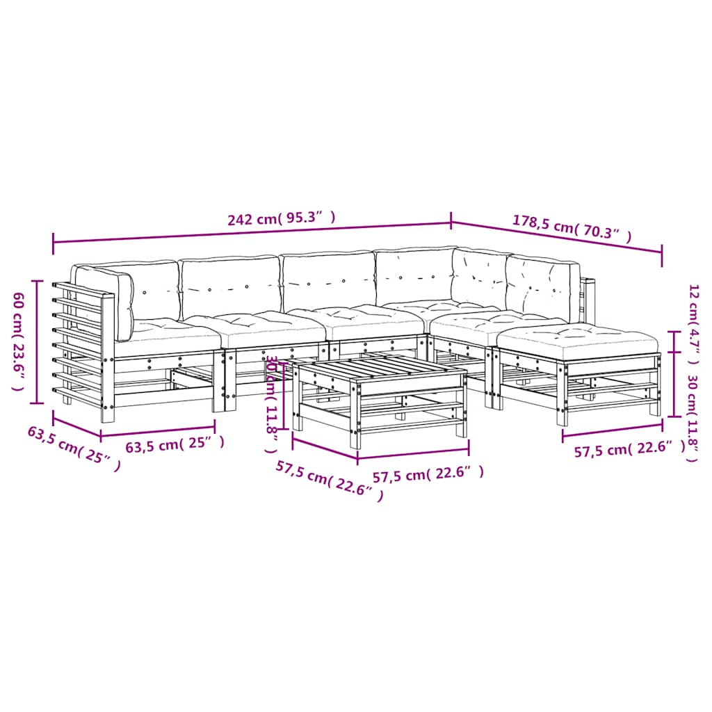 Set Divani da Giardino 7pz con Cuscini in Legno Massello Grigio | homemem39