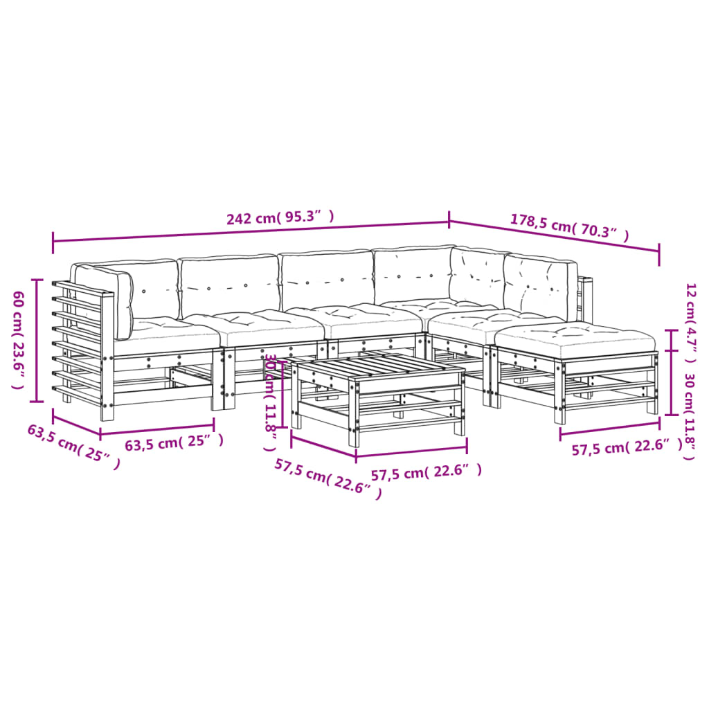 Set Divani da Giardino 7pz con Cuscini in Legno Massello Grigio | homemem39