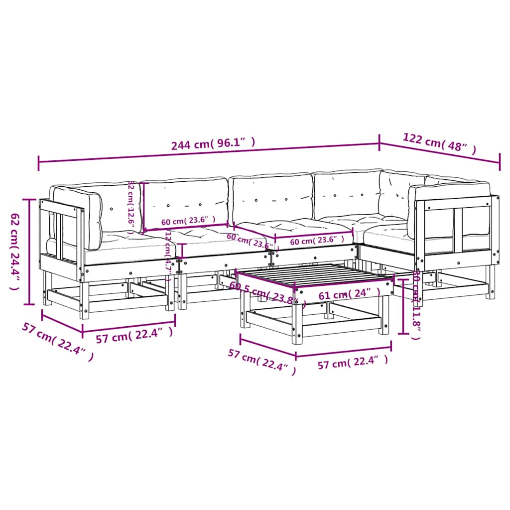 Set Divani da Giardino 6pz con Cuscini in Legno Massello Bianco | homemem39