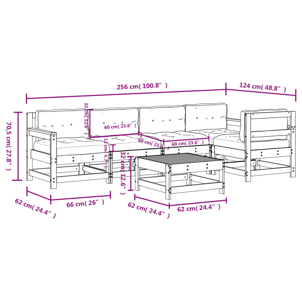 Set Divani da Giardino 6pz con Cuscini in Legno Massello Bianco | homemem39
