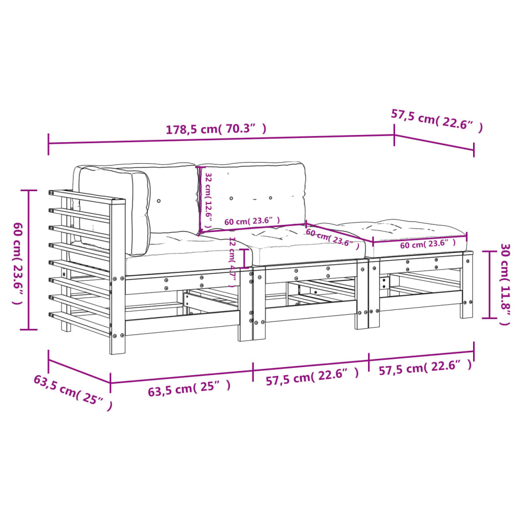 Set Divani Giardino 3pz con Cuscini Legno Massello di Douglas | homemem39