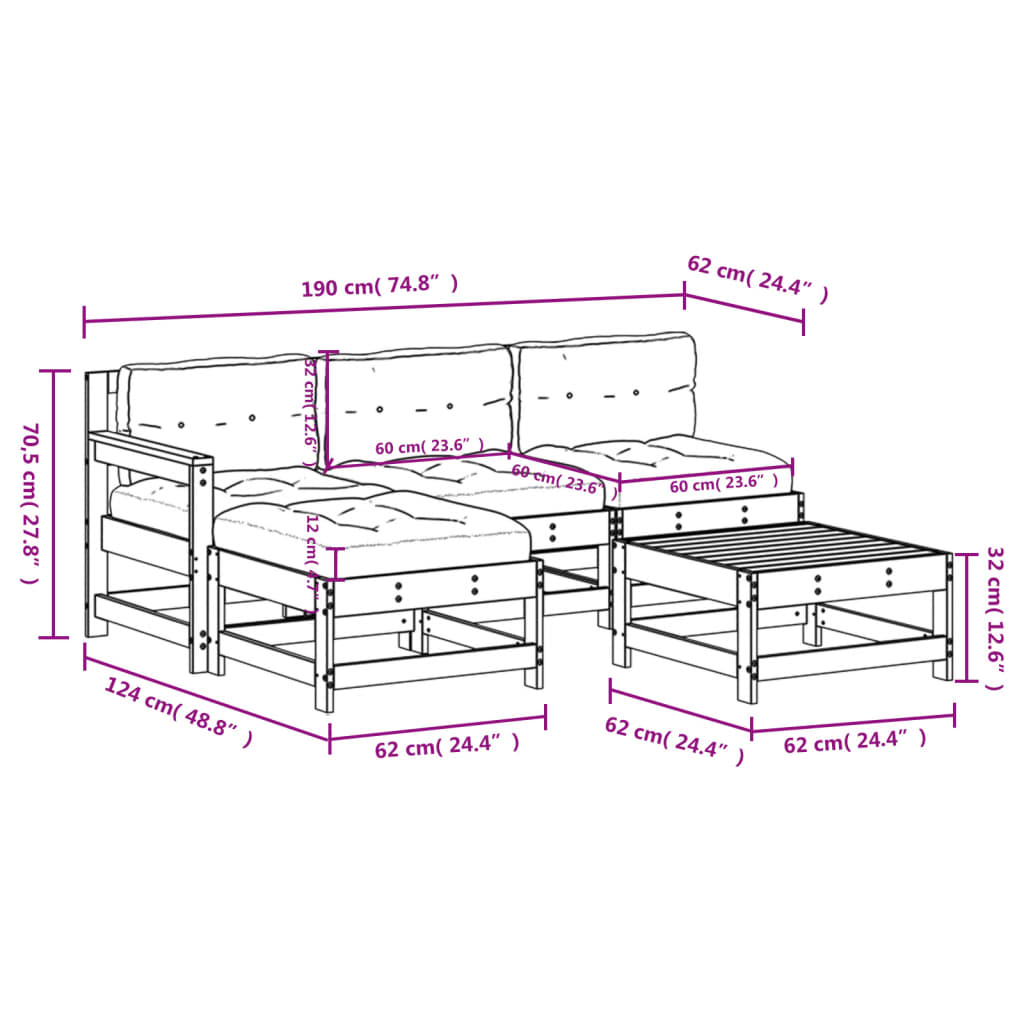 Set Divani da Giardino 5pz con Cuscini in Legno Massello Bianco | homemem39