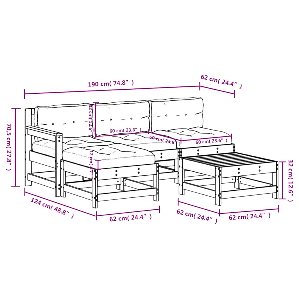 Set Divani da Giardino 5pz con Cuscini in Legno Massello Grigio | homemem39