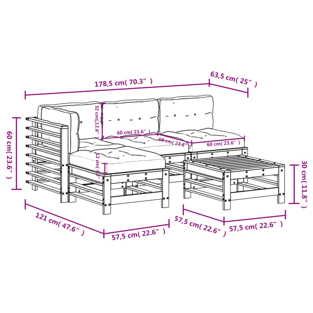 Set Divani da Giardino 5pz con Cuscini in Legno Massello Bianco | homemem39