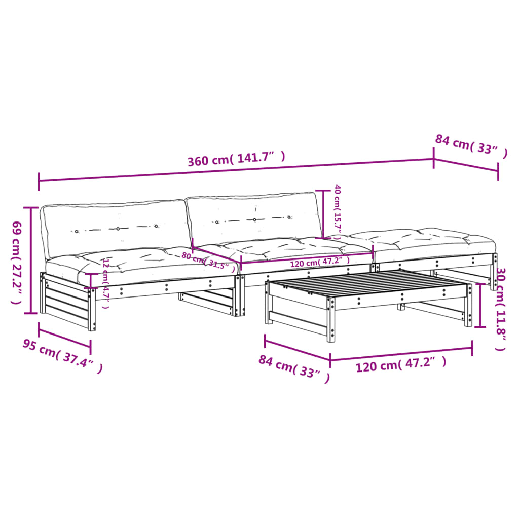 Set Divani da Giardino 4pz con Cuscini in Legno Massello Bianco | homemem39