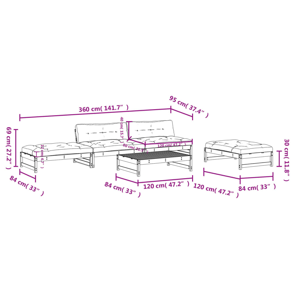 Set Divani da Giardino 5pz con Cuscini in Legno Massello Bianco | homemem39