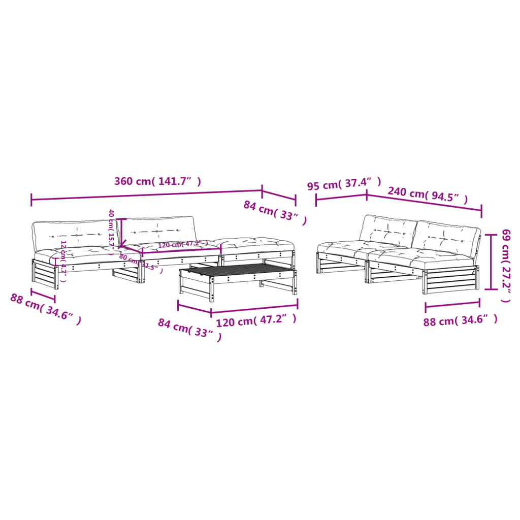 Set Divani da Giardino 6pz con Cuscini in Legno Massello Bianco | homemem39
