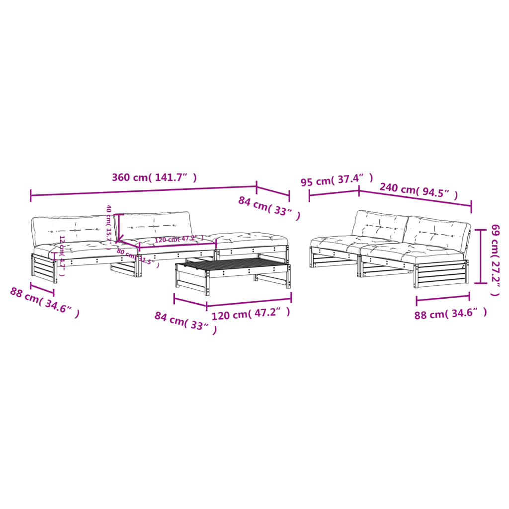 Set Divani da Giardino 6pz con Cuscini Legno Impregnato di Pino | homemem39