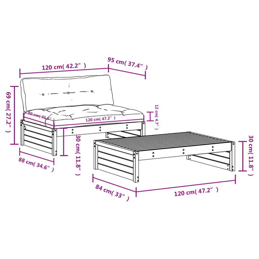 Set Divani da Giardino 2pz con Cuscini in Legno Massello Bianco | homemem39