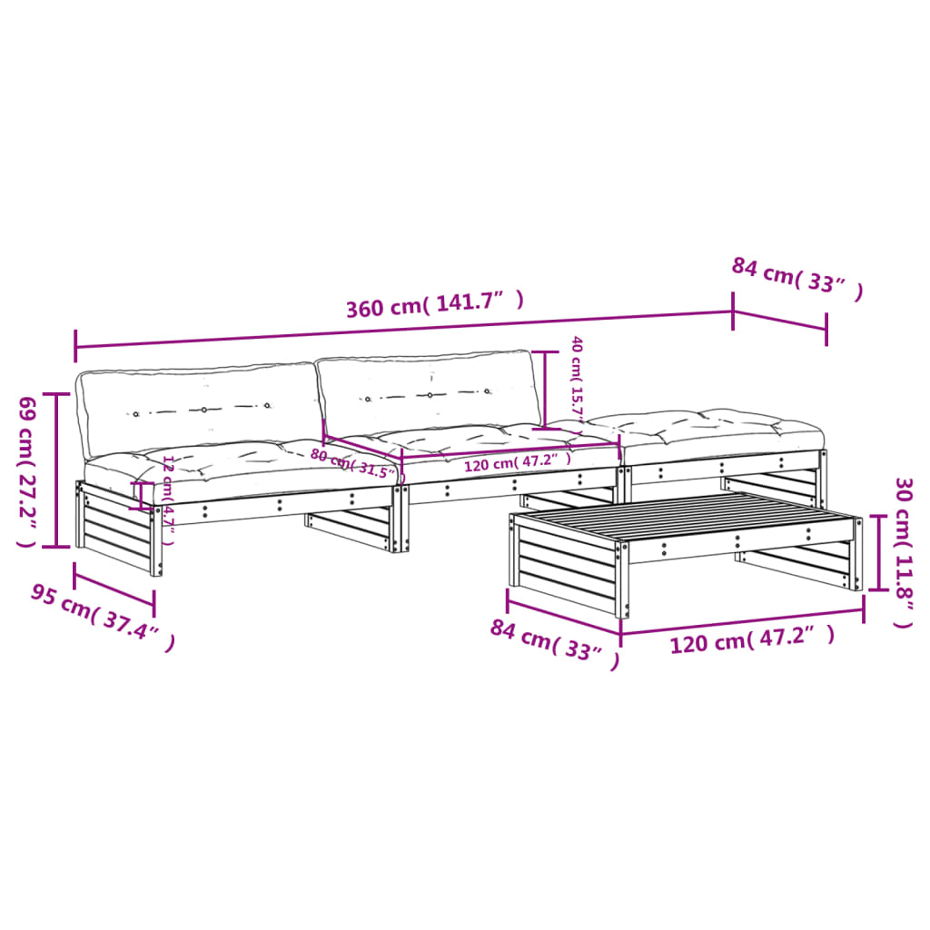 Set Divani da Giardino 4pz con Cuscini in Legno Massello Bianco | homemem39