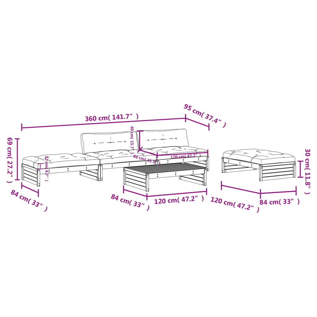 Set Divani da Giardino 5pz con Cuscini in Legno Massello Bianco | homemem39