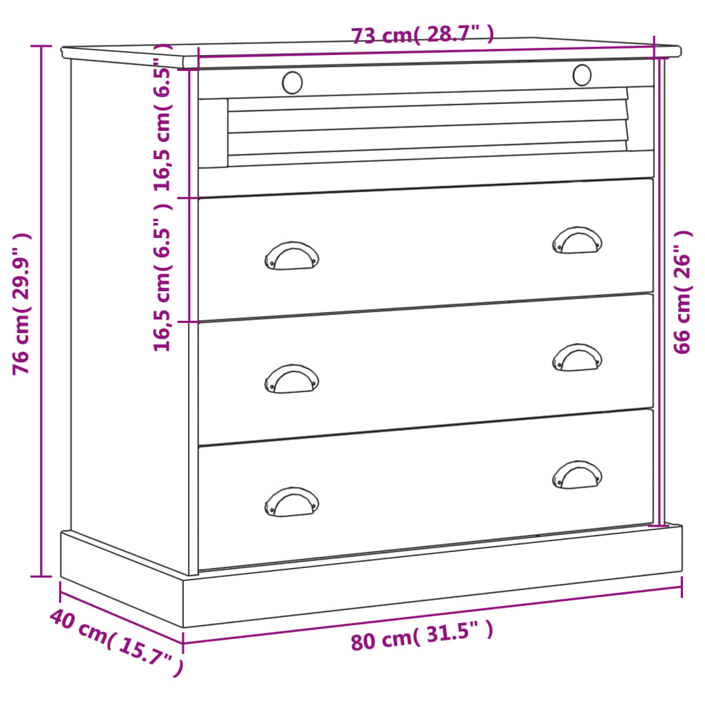 Cassettiera VIGO Bianca 80x40x76 cm in Legno Massello di Pino