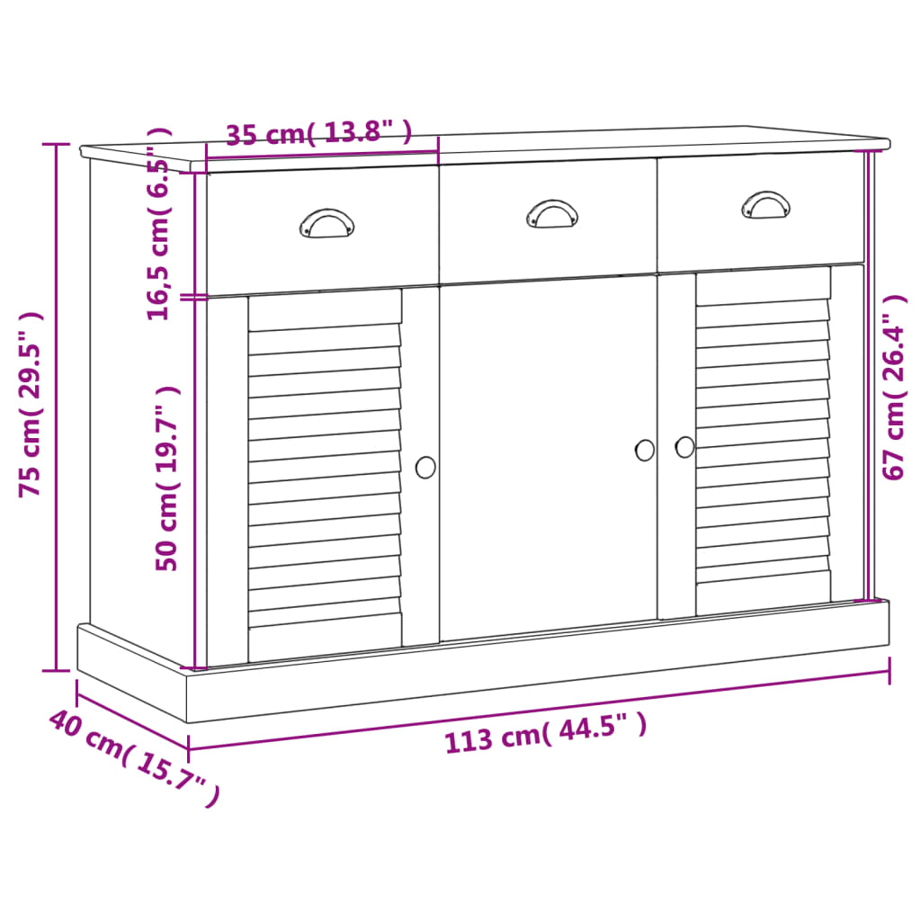 Credenza Cassetti VIGO 113x40x75 cm Legno Massello Pino Bianco - homemem39