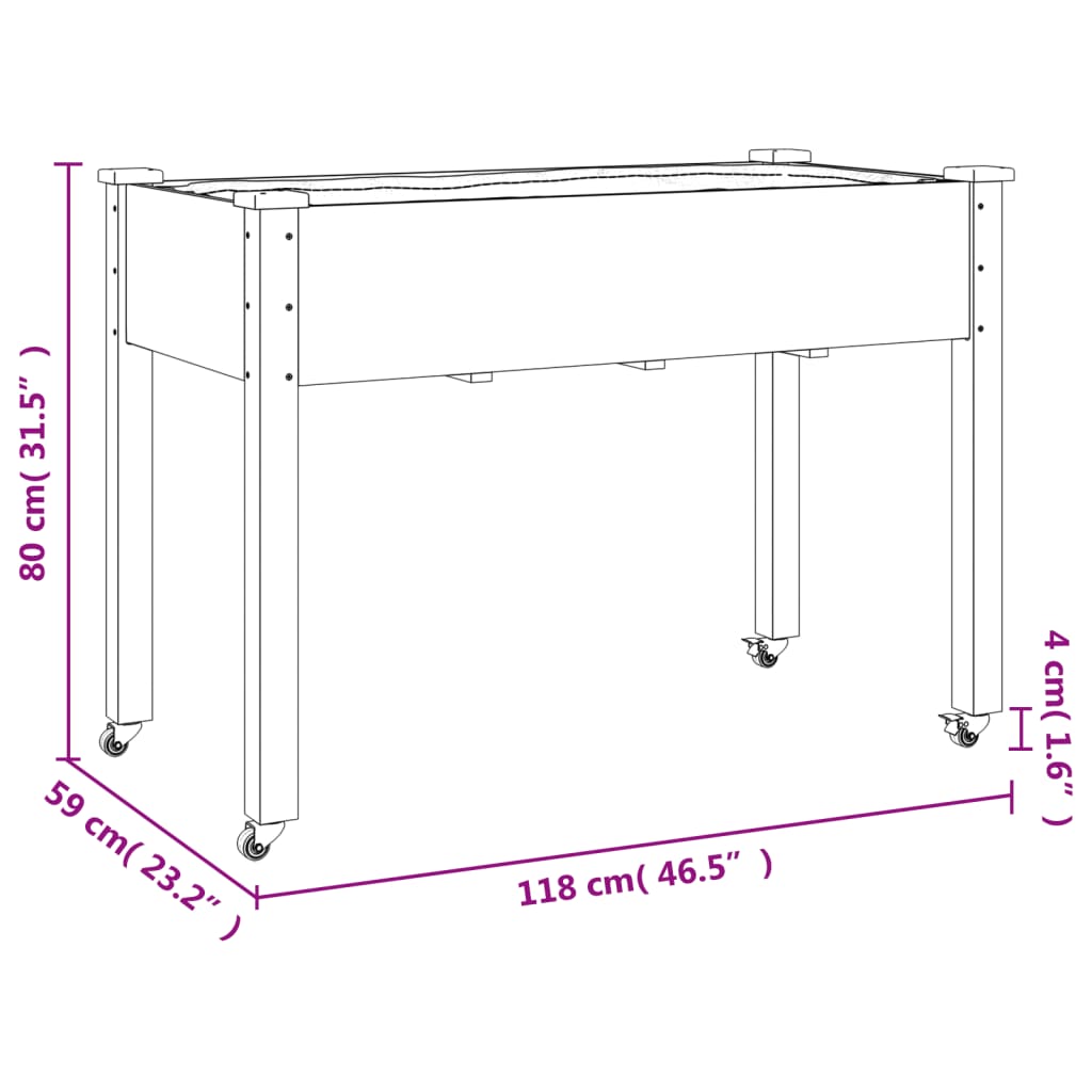 Fioriera con Ruote e Fodera 118x59x80cm Legno Massello di Abete - homemem39
