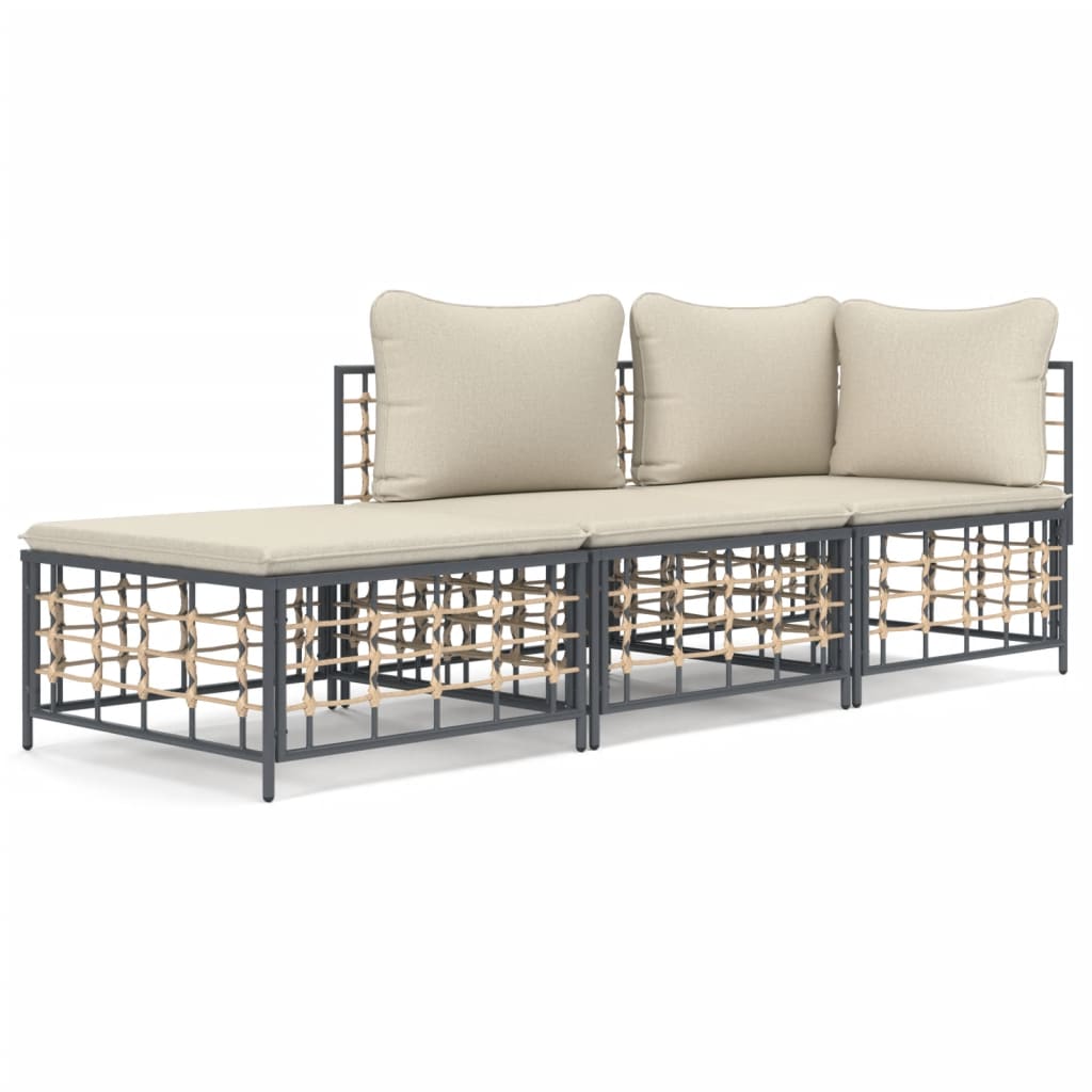 Set Divani da Giardino 3 pz con Cuscini Antracite in Polyrattan - homemem39