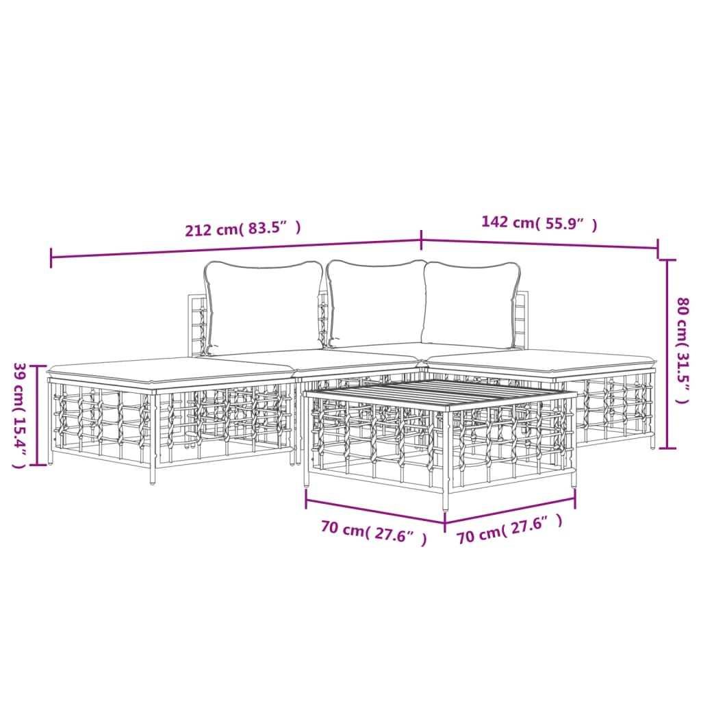 Set Divani da Giardino 5 pz con Cuscini Antracite in Polyrattan | homemem39