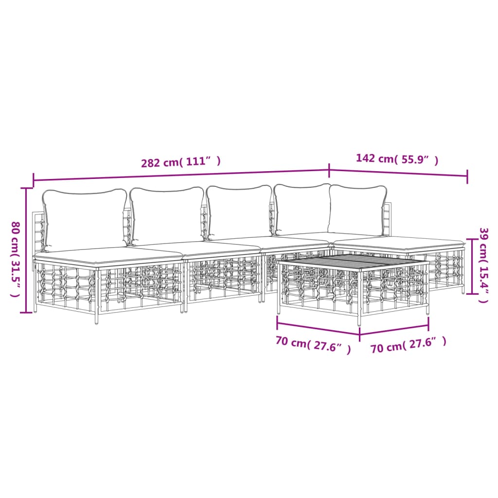 Set Divani da Giardino 6 pz con Cuscini Antracite in Polyrattan | homemem39