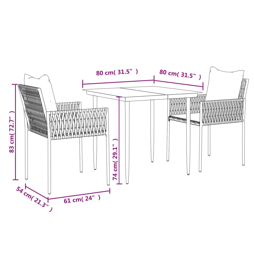 Set Pranzo da Giardino 3pz con Cuscini in Polyrattan e Acciaio | homemem39