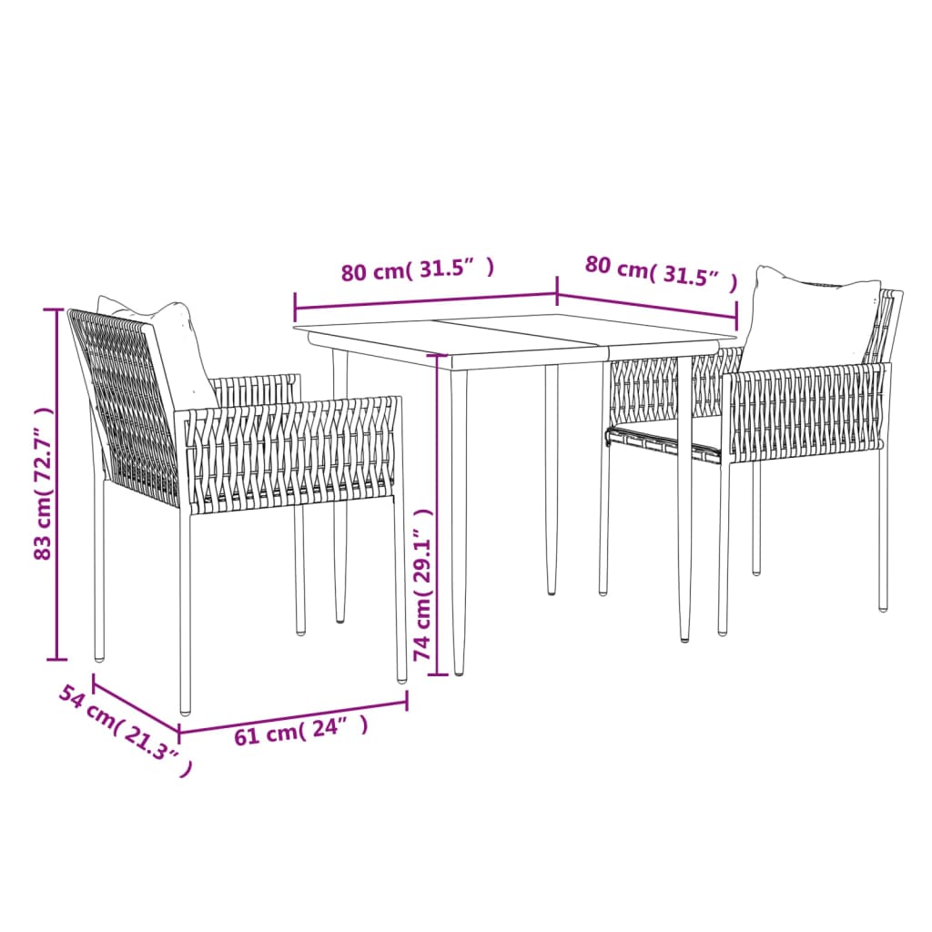 Set Pranzo da Giardino 3pz con Cuscini in Polyrattan e Acciaio | homemem39