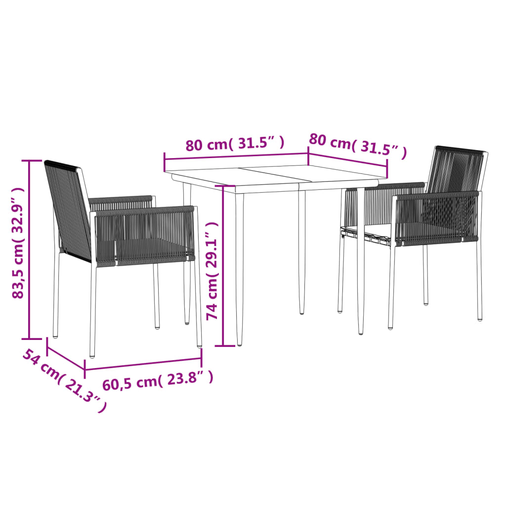 Set Pranzo Giardino 3 pz con Cuscini Polyrattan e Acciaio Nero | homemem39