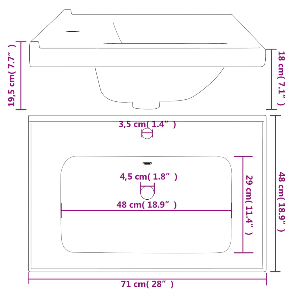 Lavandino da Bagno Bianco 71x48x19,5cm Rettangolare in Ceramica - homemem39