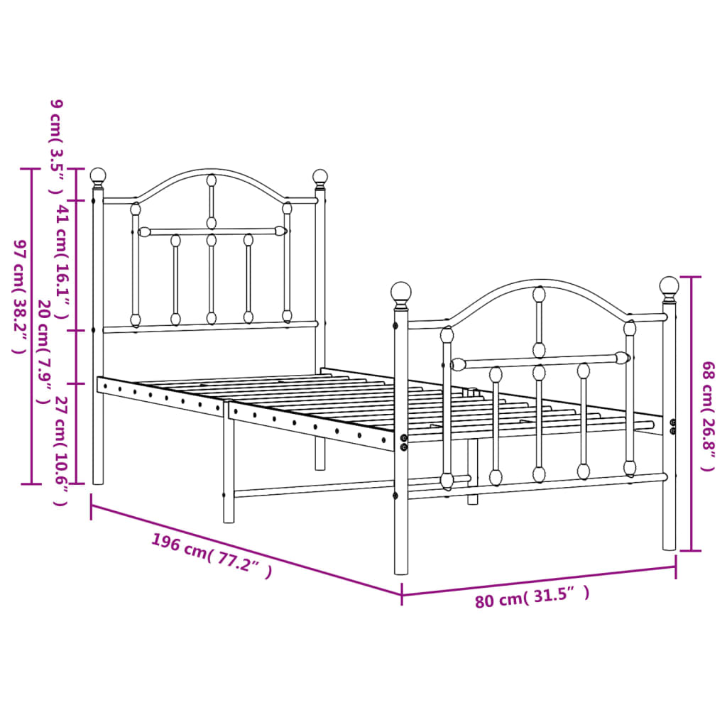 Giroletto con Testiera e Pediera Metallo Nero 75x190 cm | homemem39