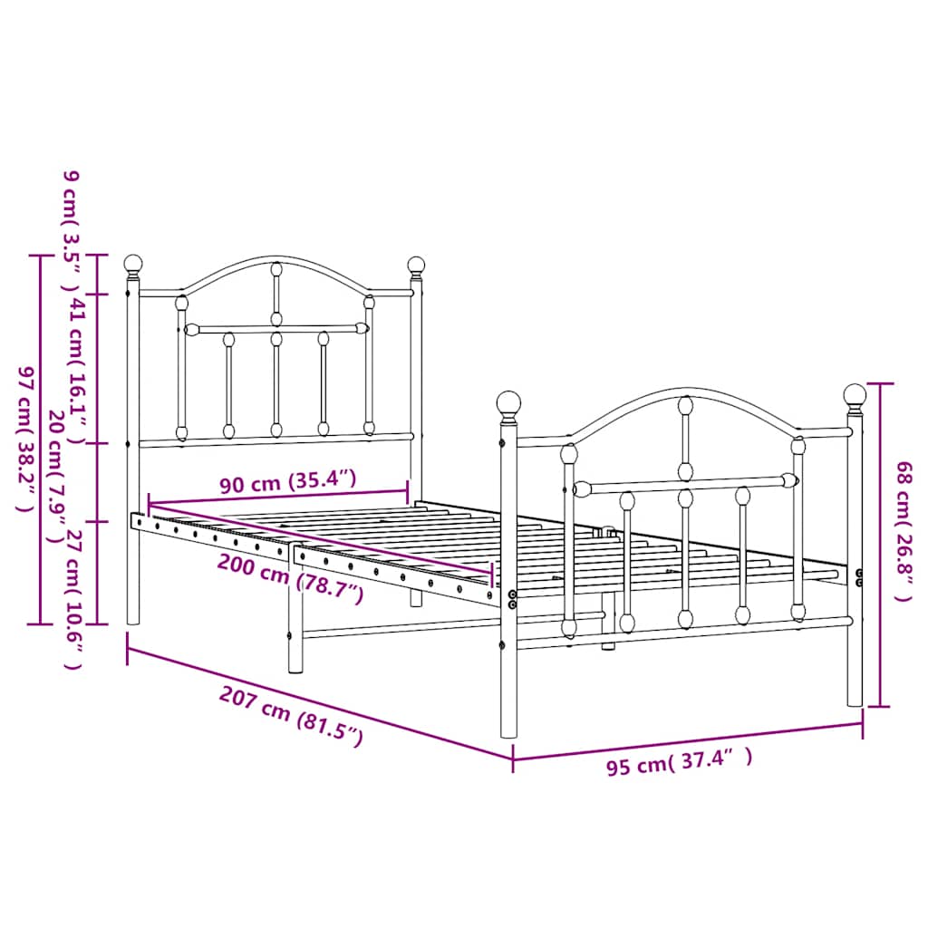 Giroletto con Testiera e Pediera Metallo Nero 90x200 cm | homemem39