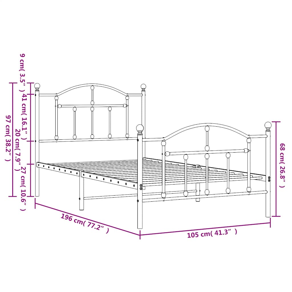 Giroletto con Testiera e Pediera Metallo Nero 100x190 cm | homemem39