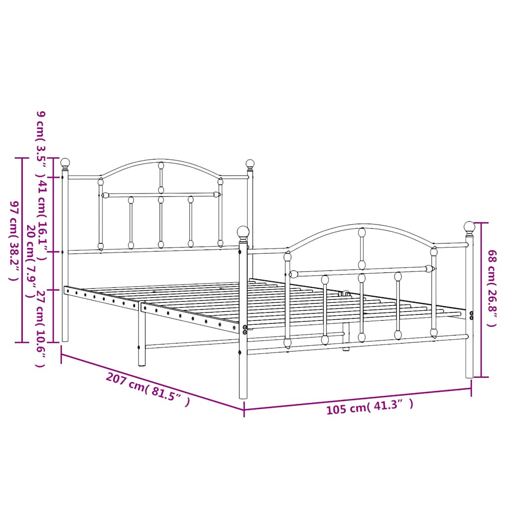 Giroletto con Testiera e Pediera Metallo Nero 100x200 cm | homemem39