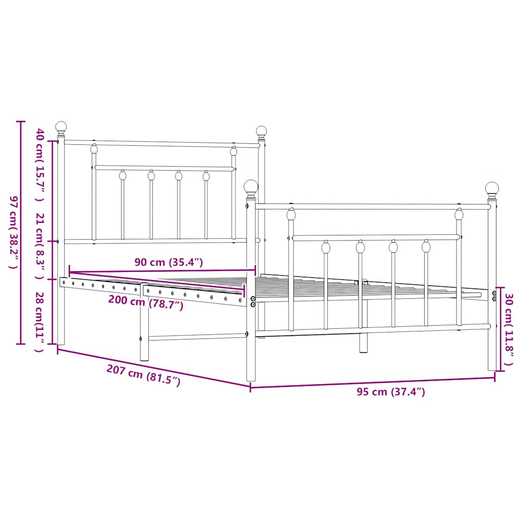 Giroletto con Testiera e Pediera Metallo Nero 90x200 cm | homemem39