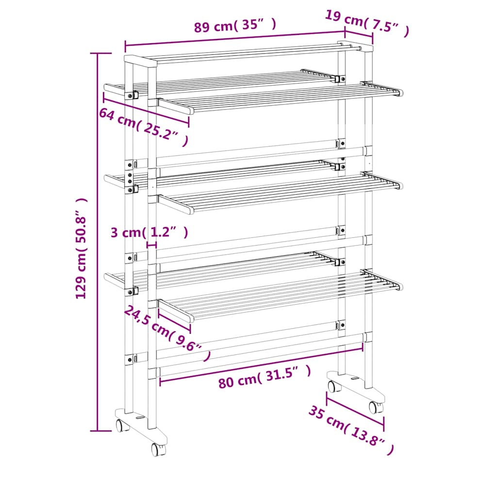 Stendibiancheria con Ruote 89x64x129 cm in Alluminio | homemem39