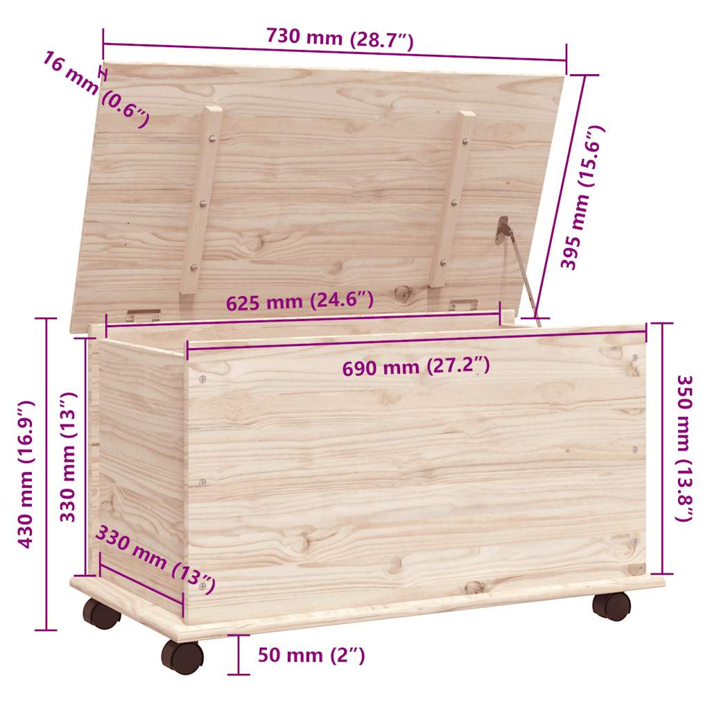 Cassapanca con Ruote ALTA 73x39,5x43 cm Legno Massello di Pino | homemem39
