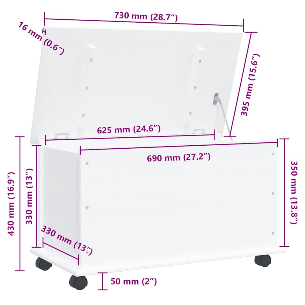 Cassapanca con Ruote ALTA Bianca 73x39,5x43 cm Massello di Pino - homemem39