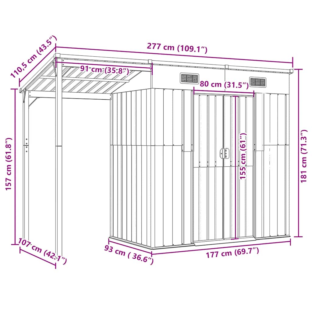 Capanno Giardino con Tetto Esteso Verde 277x107x181cm Acciaio