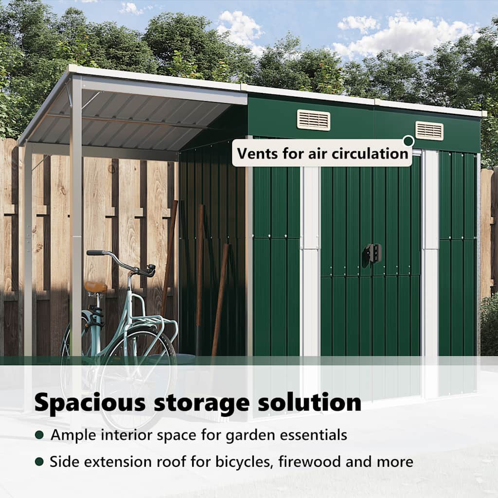 Capanno Giardino con Tetto Esteso Verde 277x107x181cm Acciaio