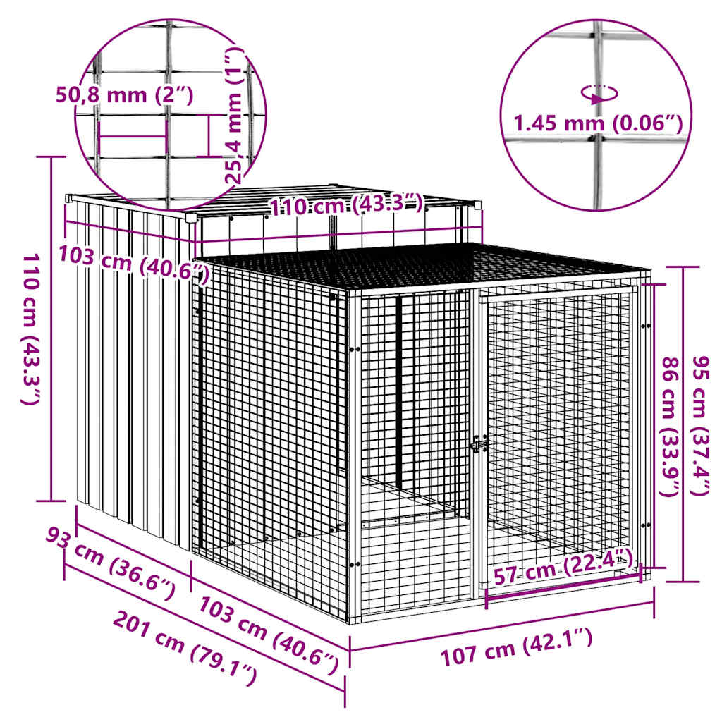 Gabbia per polli con recinto antracite 110x201x110 cm in acciaio zincato | homemem39