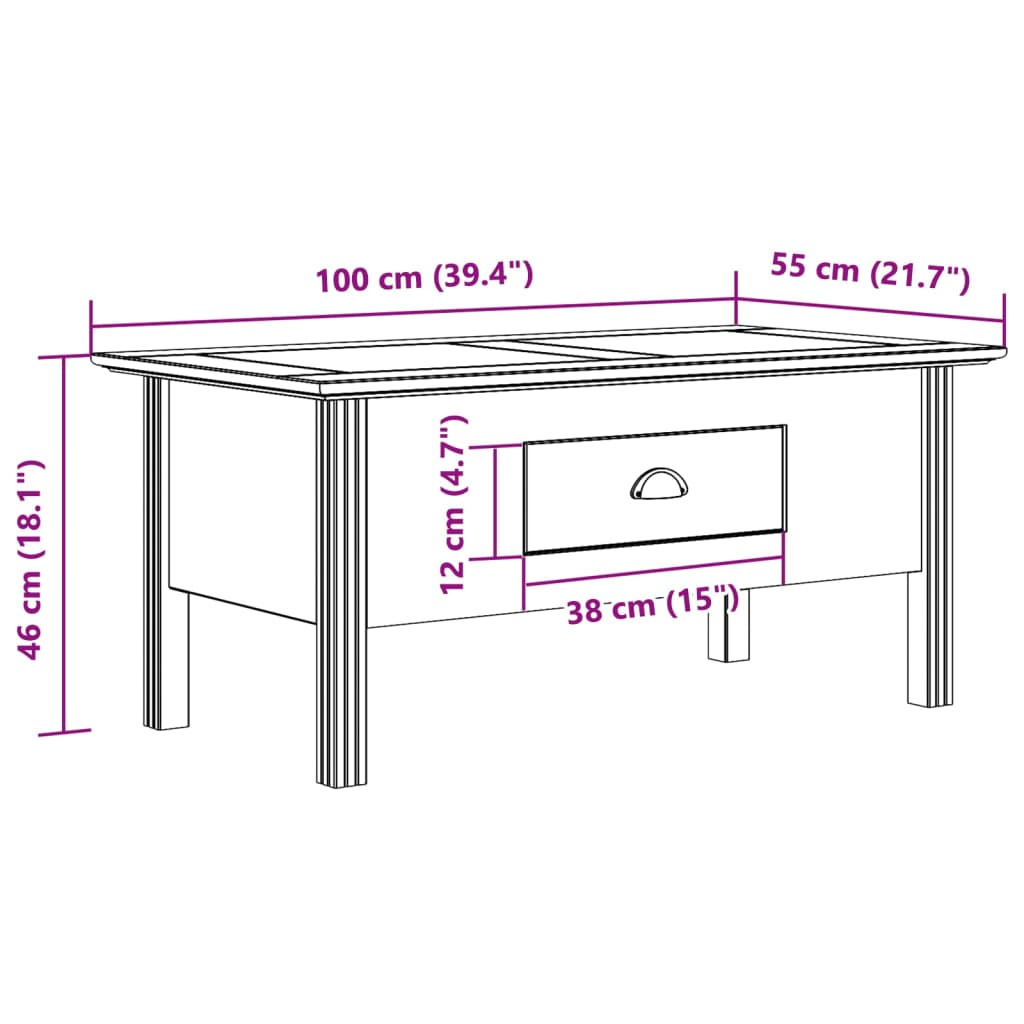 Tavolino BODO 100x55x46 cm Legno Massello Pino Bianco e Marrone | homemem39