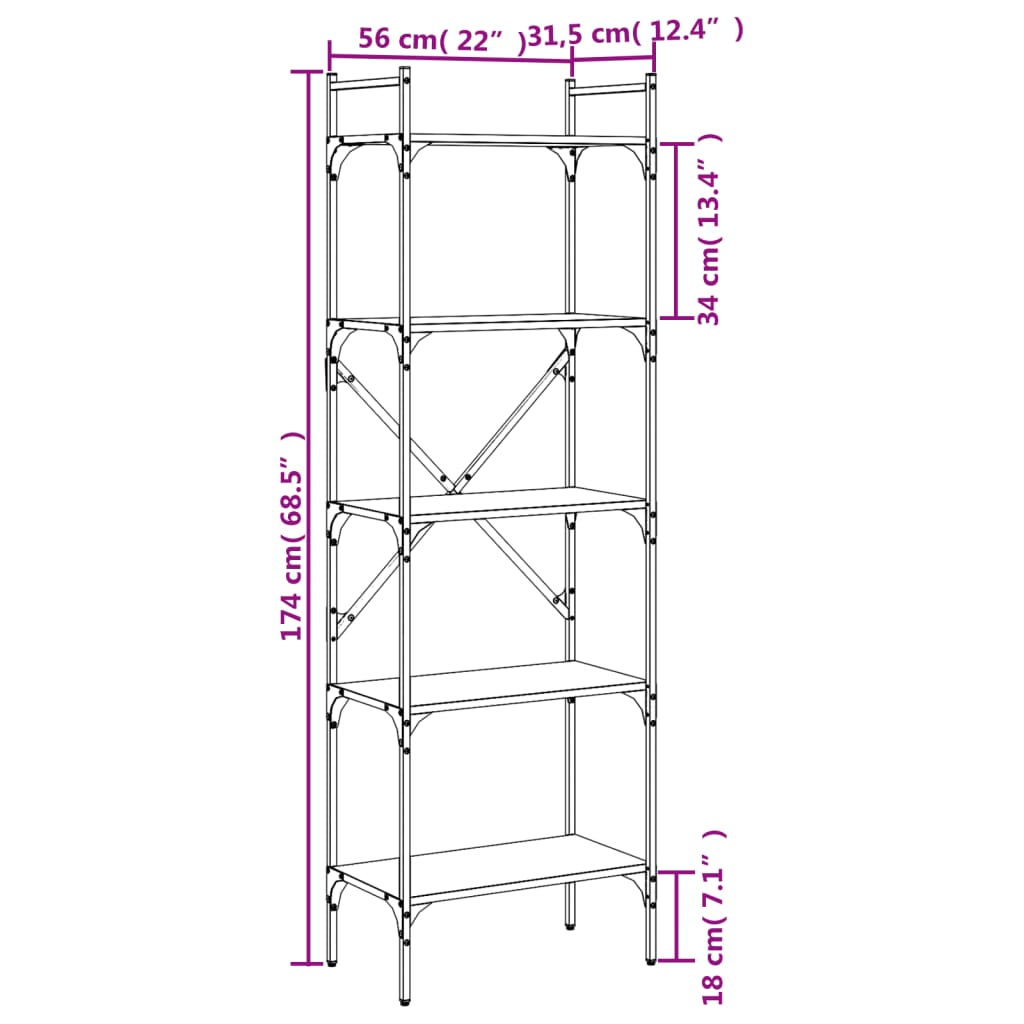 Libreria Rovere Sonoma 5 Ripiani 56x31,5x174 cm Multistrato | homemem39